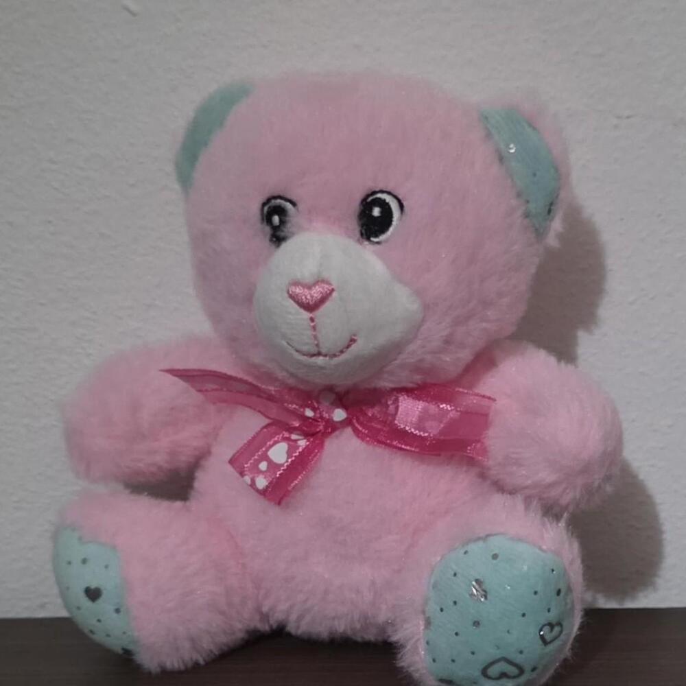 Pink teddy bear with light blue ears and paws, heart-shaped nose, and a pink bow